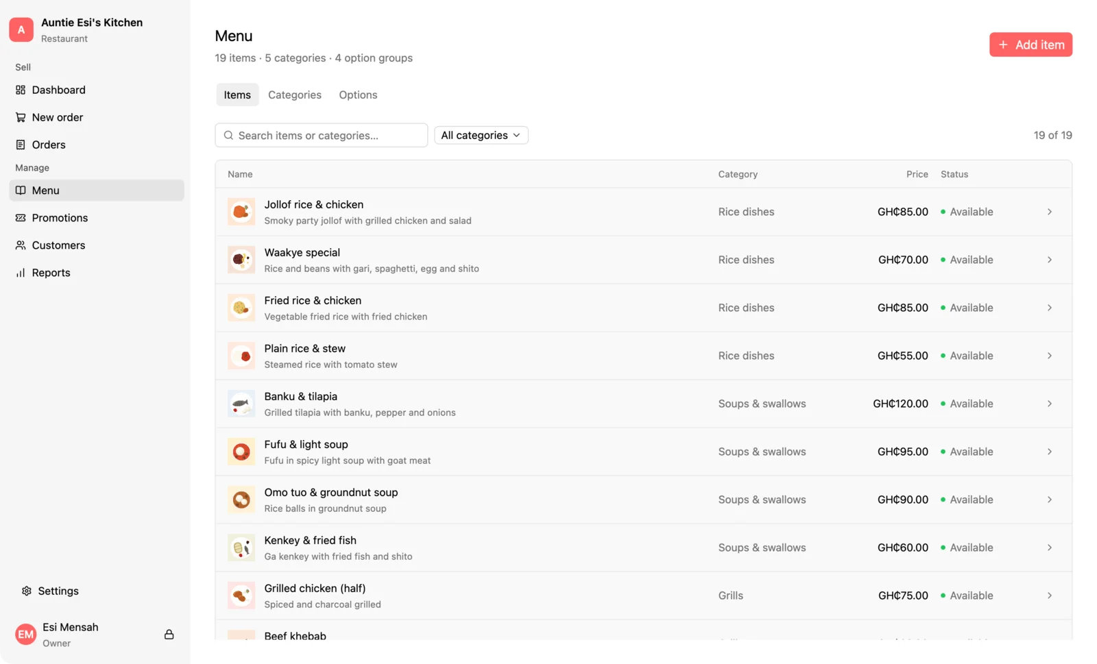 Build your menu or catalog, in Qovah